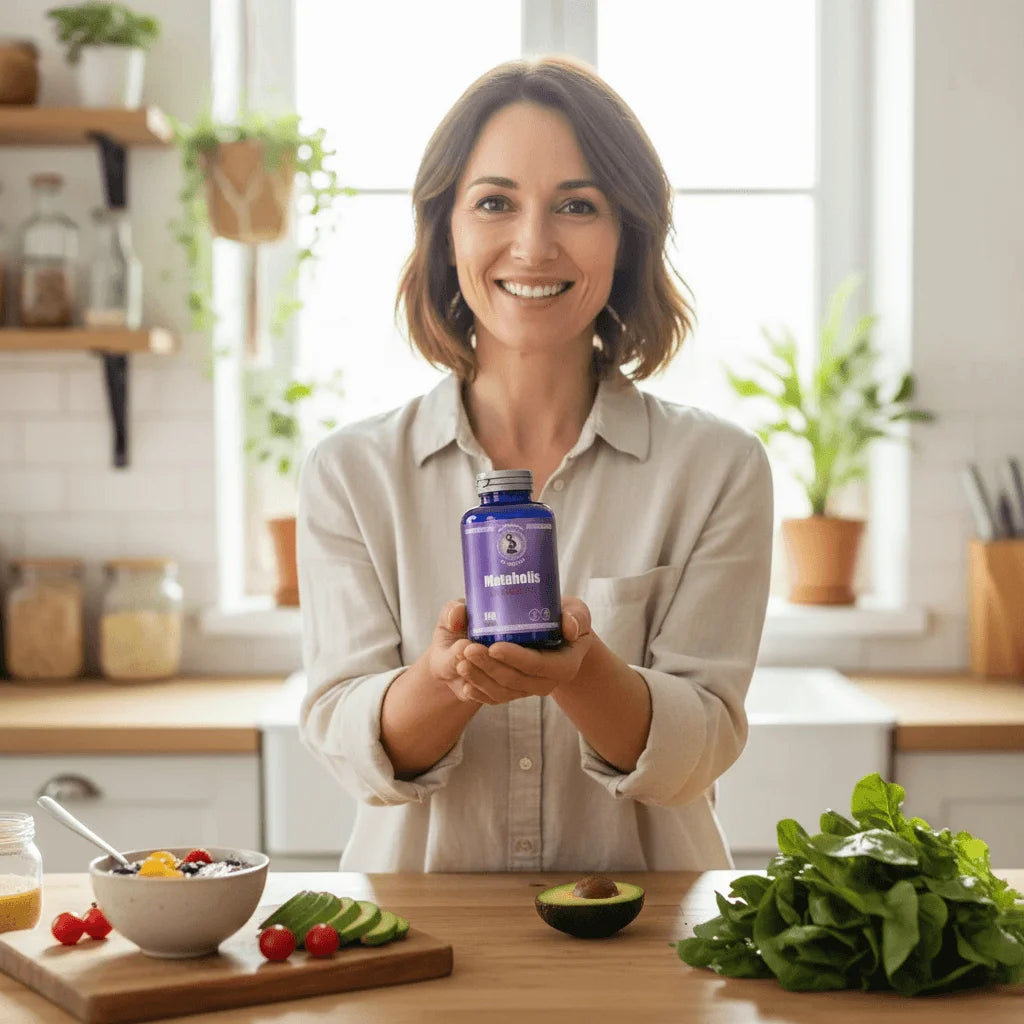 Mujer con dieta plant-based usando Metabolis Complejo B50 para completar carencias de vitaminas B y B12