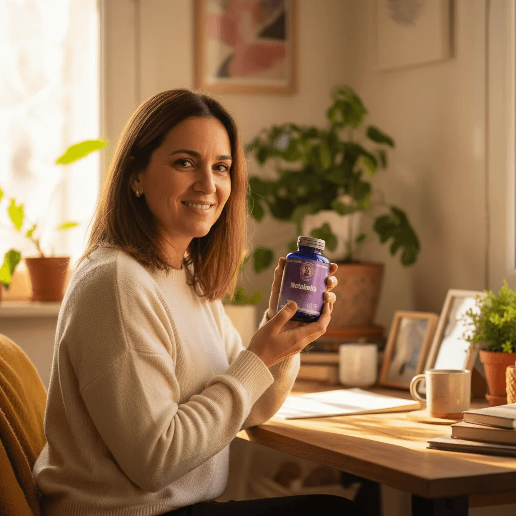 Mujer profesional usando Metabolis Complejo B50 para combatir fatiga crónica y agotamiento mental en su jornada laboral