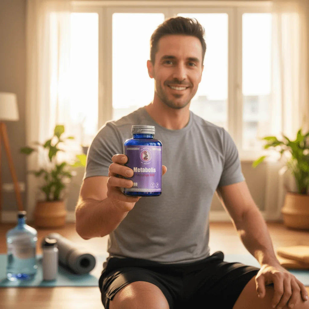 Hombre deportista usando Metabolis Complejo B50 para mejorar rendimiento físico y recuperación muscular post-entrenamiento