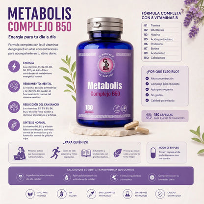 Complemento alimenticio Metabolis Complejo B50 con vitaminas del grupo B para apoyar el metabolismo energético normal y el bienestar diario