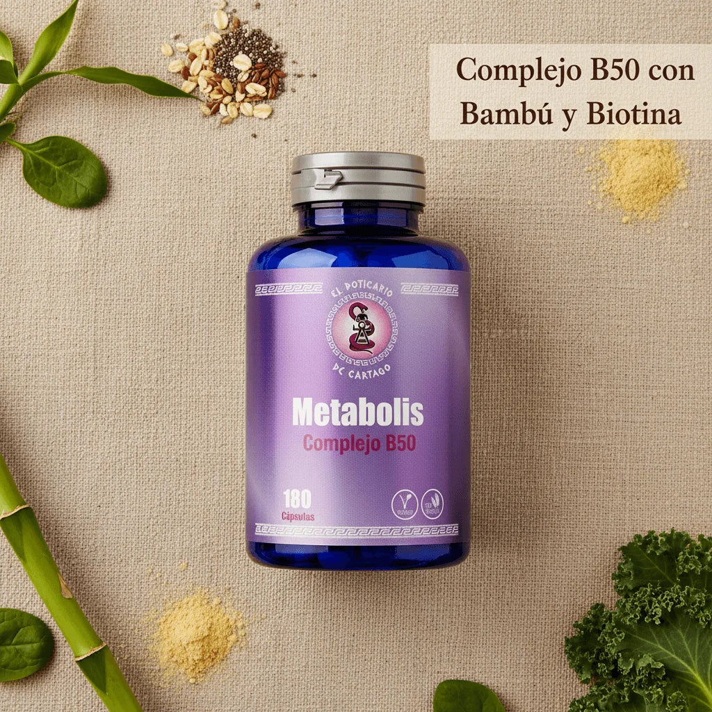 Metabolis Complejo B50 con bambú y biotina sobre fondo natural con ingredientes orgánicos - Suplemento vitamínico vegano