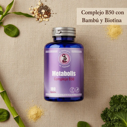 Metabolis Complejo B50 con bambú y biotina sobre fondo natural con ingredientes orgánicos - Suplemento vitamínico vegano
