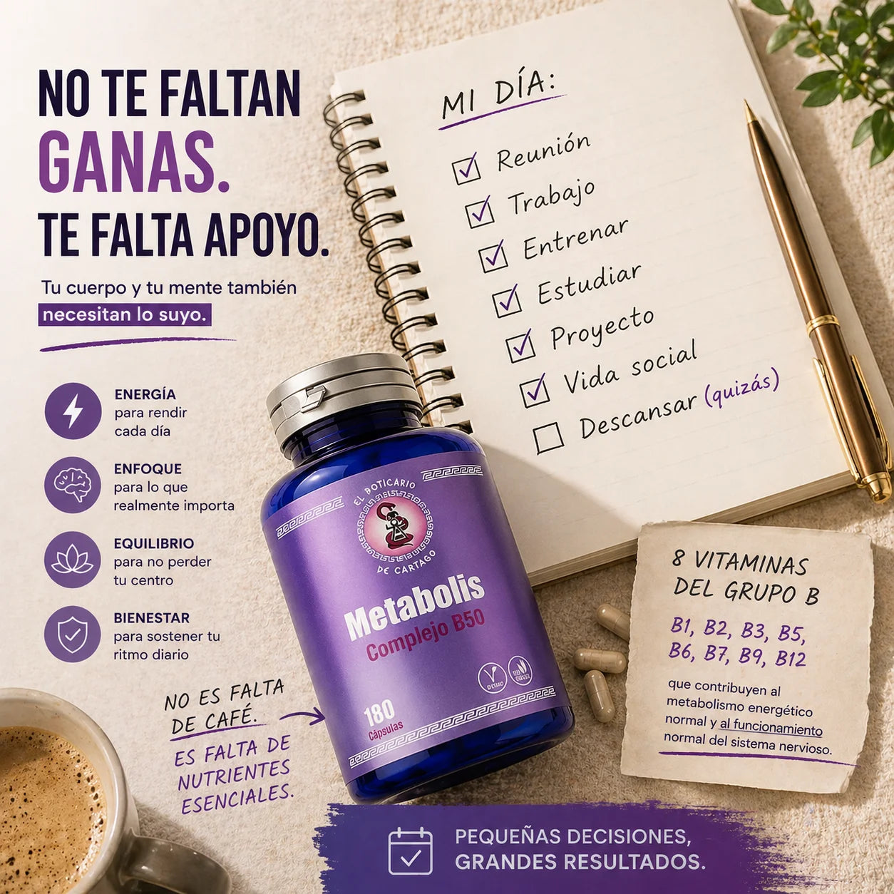 Metabolis Complejo B50 de El Boticario de Cartago – Suplemento con 8 vitaminas del grupo B (B1, B2, B3, B5, B6, B7, B9, B12) para energía, enfoque, equilibrio y bienestar diario. 180 cápsulas.