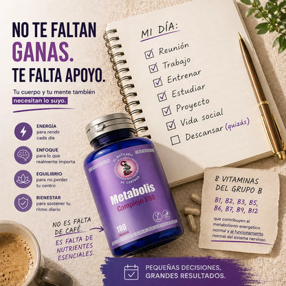 Metabolis Complejo B50 de El Boticario de Cartago – Suplemento con 8 vitaminas del grupo B (B1, B2, B3, B5, B6, B7, B9, B12) para energía, enfoque, equilibrio y bienestar diario. 180 cápsulas.