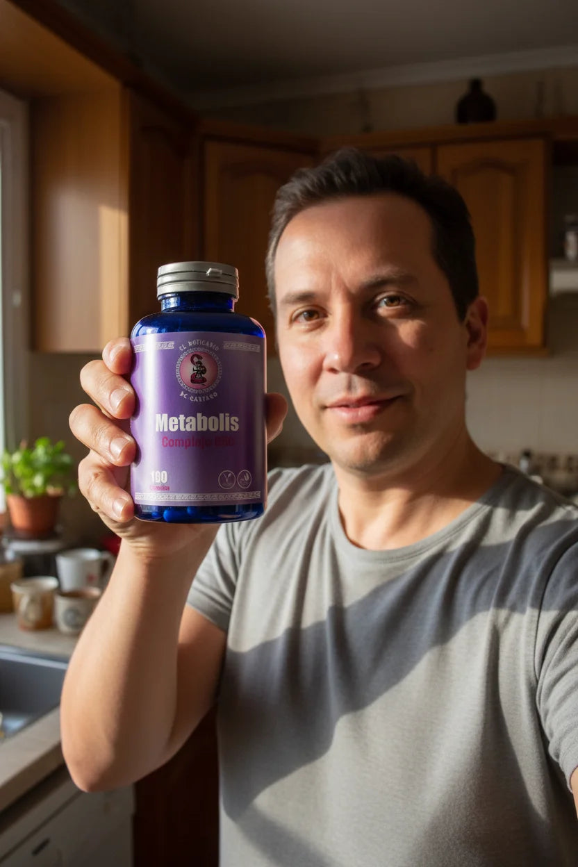 Persona mostrando el bote de Metabolis Complejo B50 como si se lo enseñase a un amigo