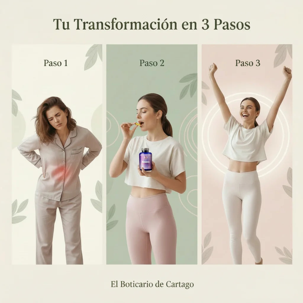 Transformación en 3 pasos con Metabolis Complejo B50: mujer cansada, tomando suplemento y celebrando con energía - El Boticario de Cartago