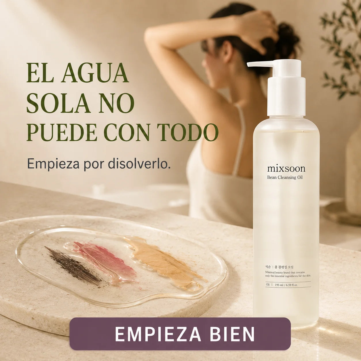 Mixsoon Bean Cleansing Oil 195ml junto a restos de maquillaje disueltos, el agua sola no elimina el maquillaje ni el solar, empieza bien con un aceite limpiador
