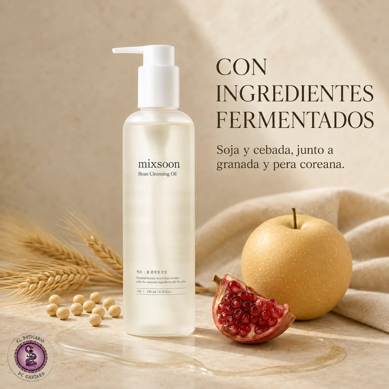 Mixsoon Bean Cleansing Oil 195ml con ingredientes fermentados: soja, cebada, granada y pera coreana, aceite limpiador facial kbeauty