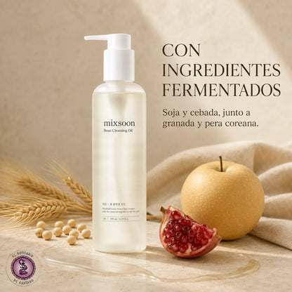 Mixsoon Bean Cleansing Oil 195ml con ingredientes fermentados: soja, cebada, granada y pera coreana, aceite limpiador facial kbeauty