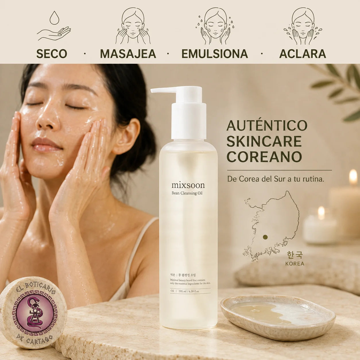 Mujer aplicando Mixsoon Bean Cleansing Oil en seco masajeando el rostro, aceite limpiador coreano auténtico de Corea del Sur