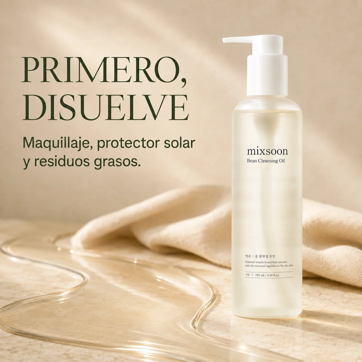 Mixsoon Bean Cleansing Oil 195ml, aceite limpiador coreano que disuelve maquillaje, protector solar y residuos grasos sobre piel seca