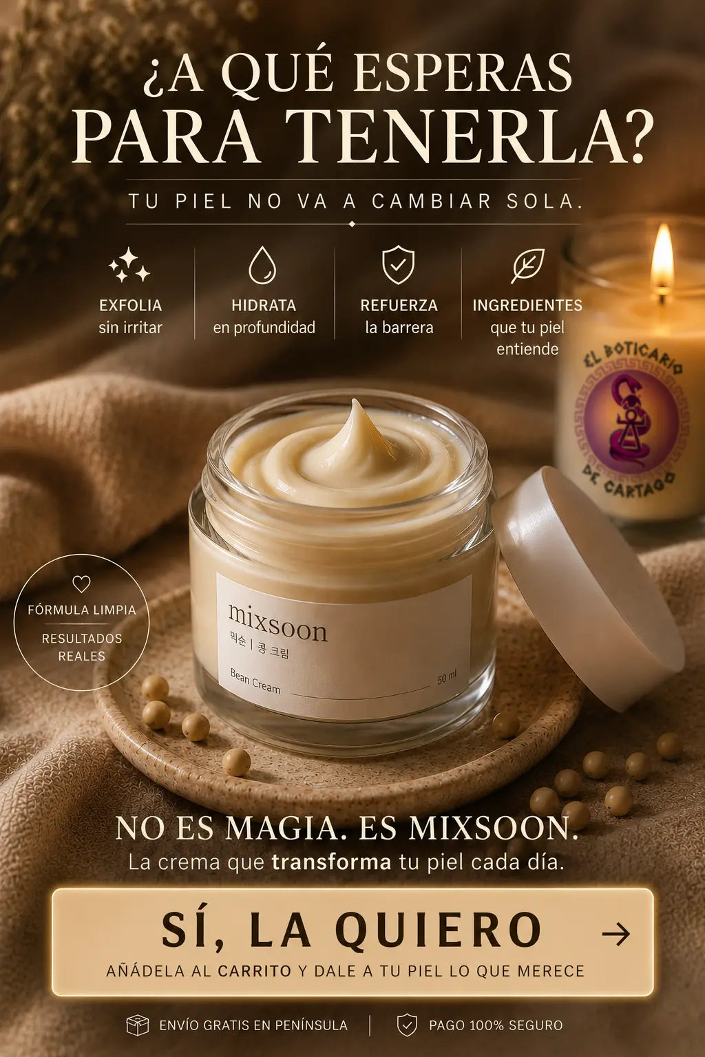 Mixsoon Bean Cream – exfolia, hidrata, refuerza la barrera con ingredientes limpios. No es magia, es Mixsoon