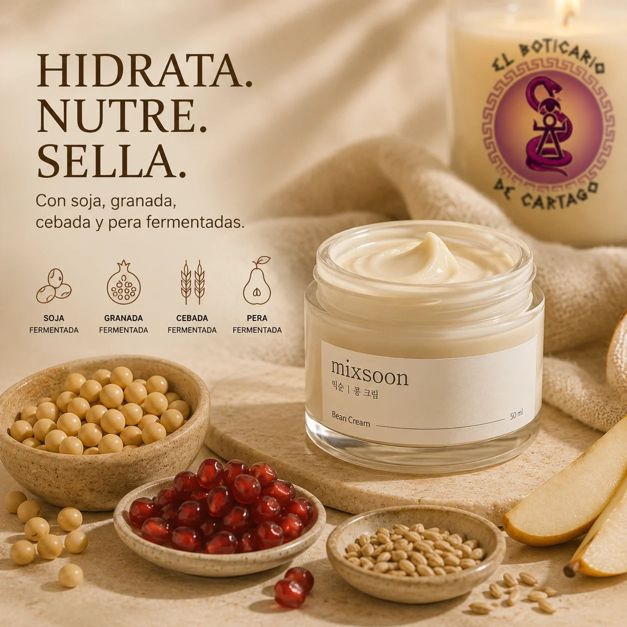 Mixsoon Bean Cream – hidrata, nutre y sella con soja, granada, cebada y pera fermentadas