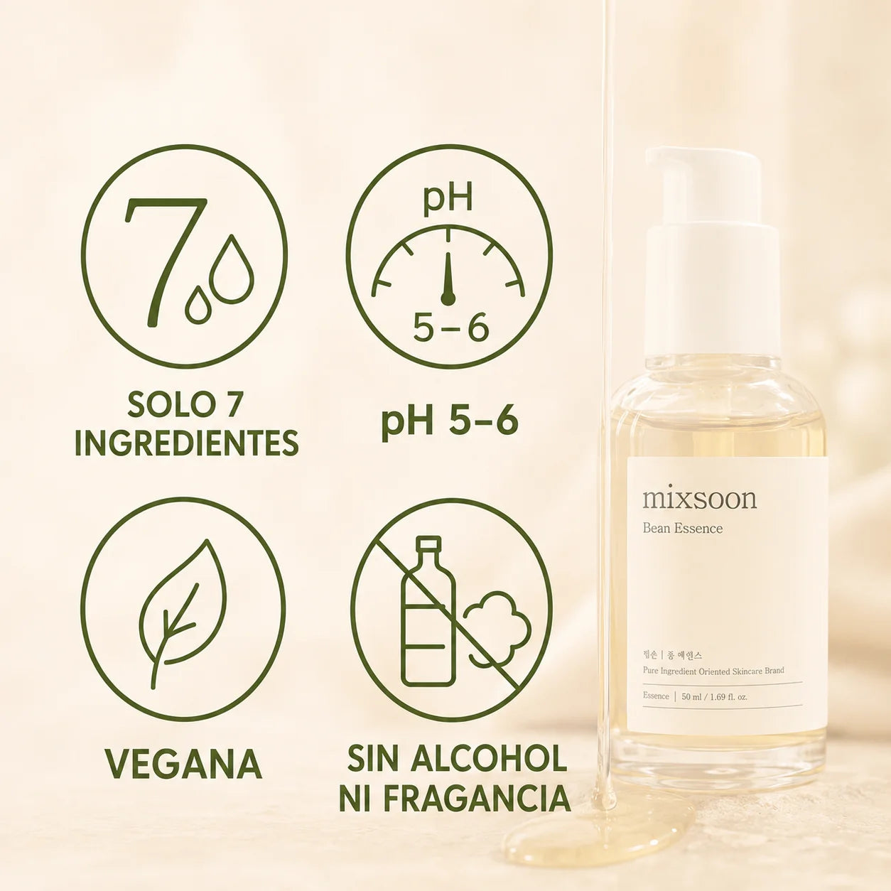Mixsoon Bean Essence – solo 7 ingredientes, pH 5-6, fórmula vegana y sin alcohol ni fragancia