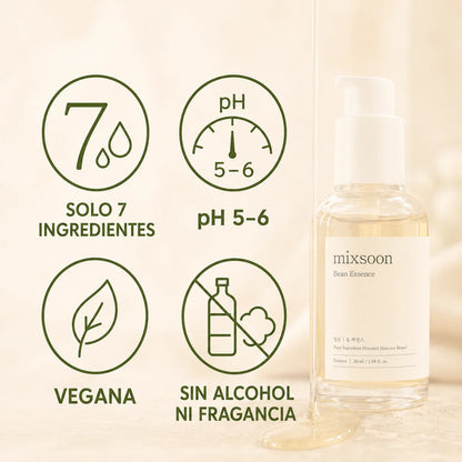 Mixsoon Bean Essence – solo 7 ingredientes, pH 5-6, fórmula vegana y sin alcohol ni fragancia