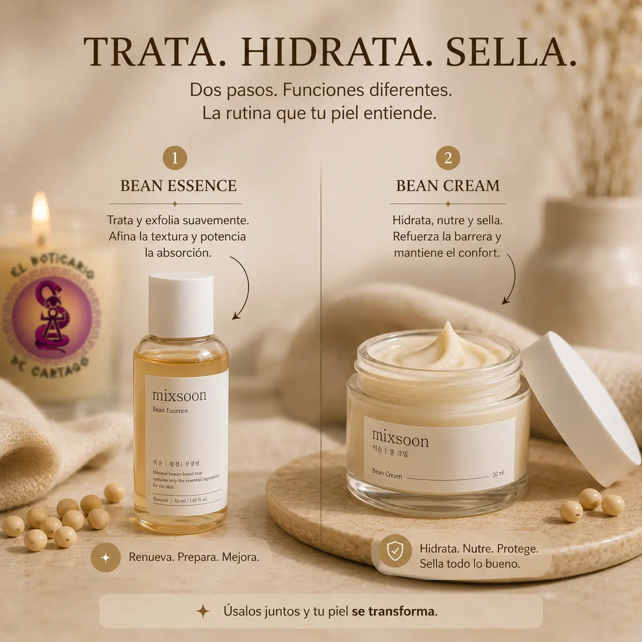 Rutina Mixsoon dos pasos: Bean Essence trata y exfolia, Bean Cream hidrata, nutre y sella
