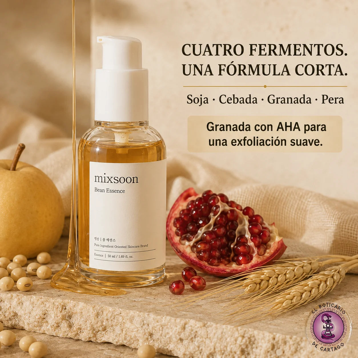 Mixsoon Bean Essence – fórmula con 4 fermentos: soja, cebada, granada y pera con AHA para exfoliación suave