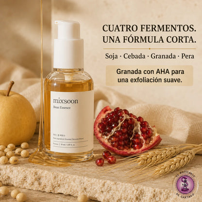 Mixsoon Bean Essence – fórmula con 4 fermentos: soja, cebada, granada y pera con AHA para exfoliación suave