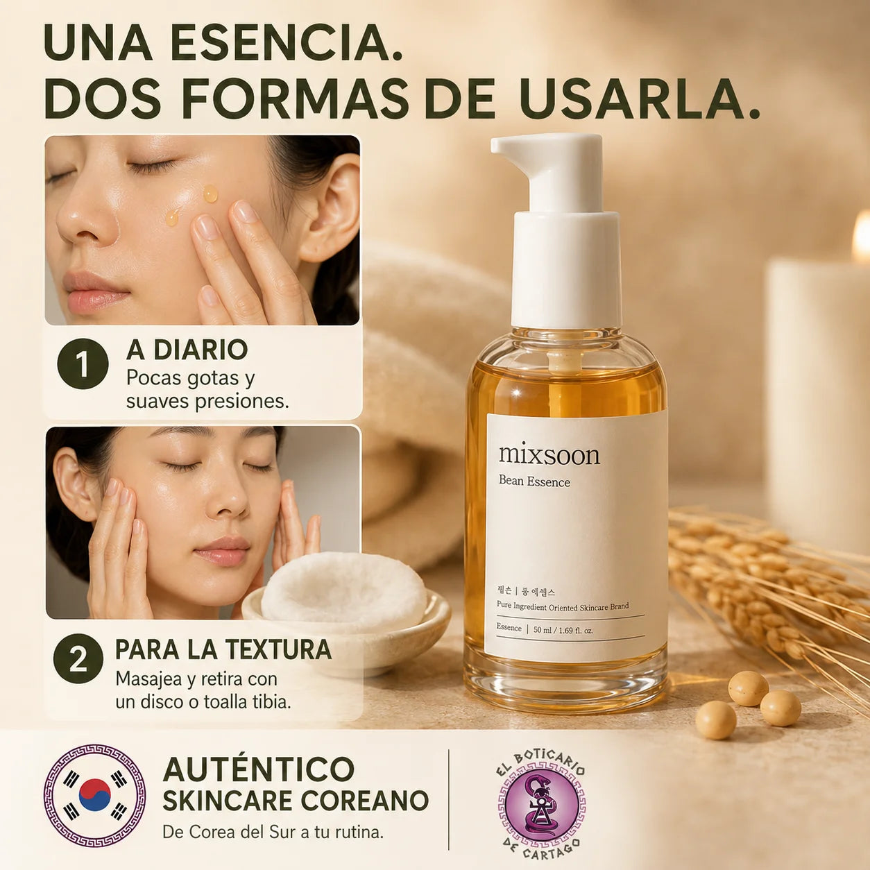 Mixsoon Bean Essence – cómo usar: a diario con pocas gotas o para textura masajeando con disco. Auténtico skincare coreano