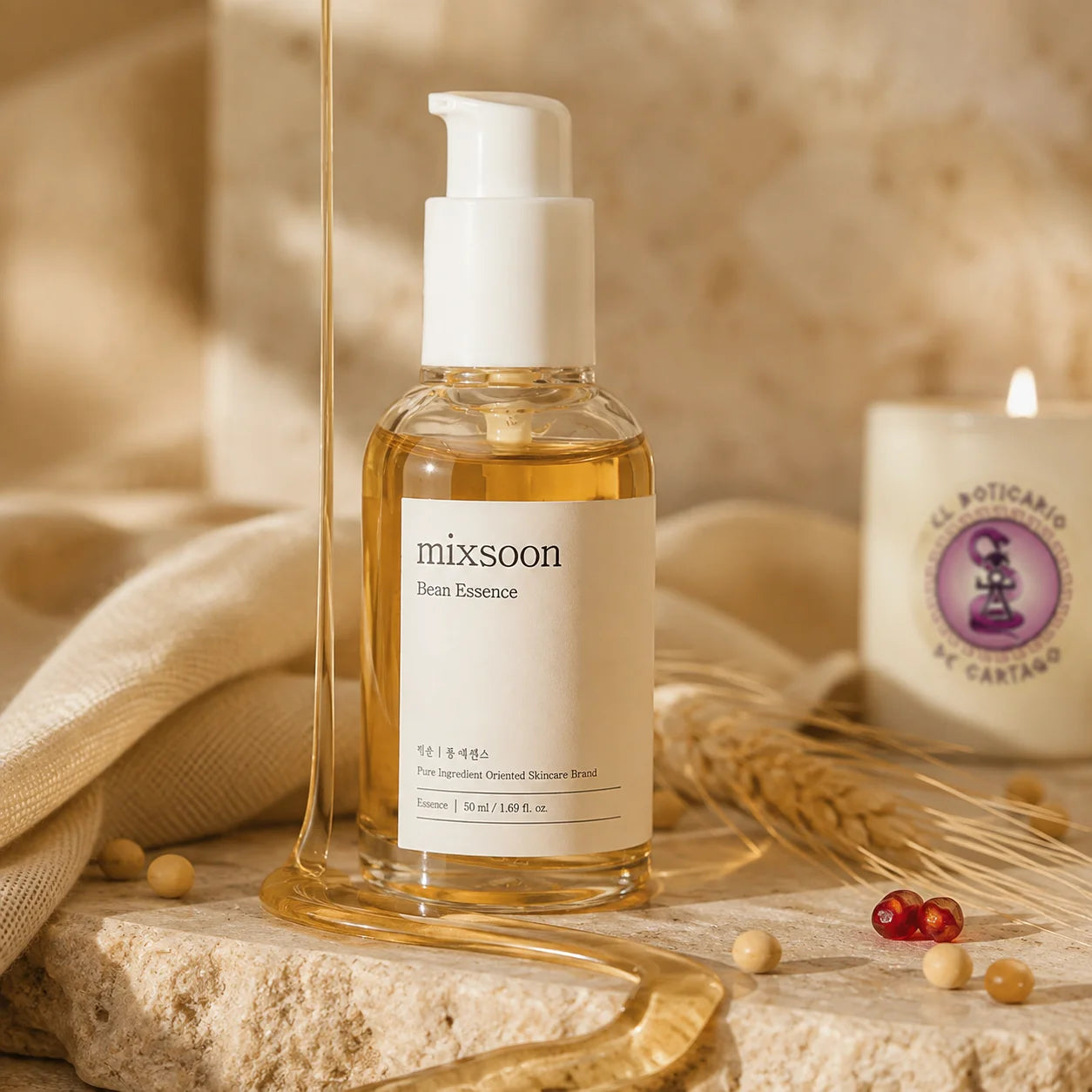 Mixsoon Bean Essence 50ml – esencia facial coreana con fermentos de soja, textura dorada fluida