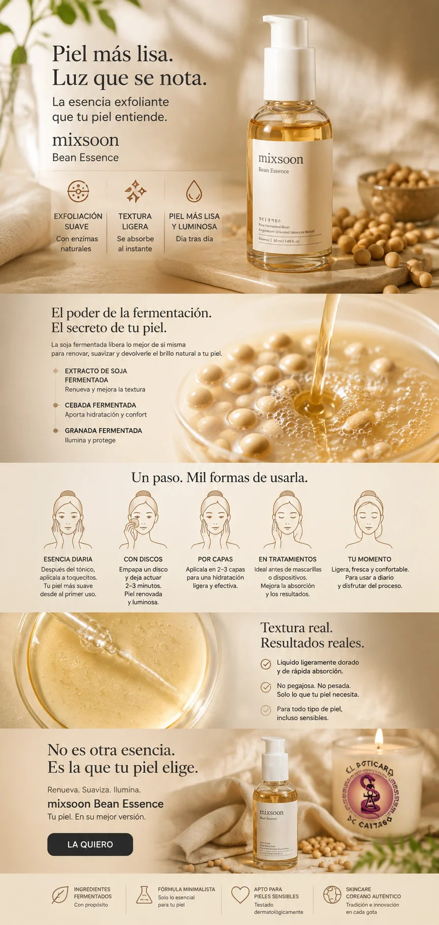 Mixsoon Bean Essence – esencia exfoliante coreana con fermentos de soja, cebada y granada: cómo usarla, textura dorada y resultados reales