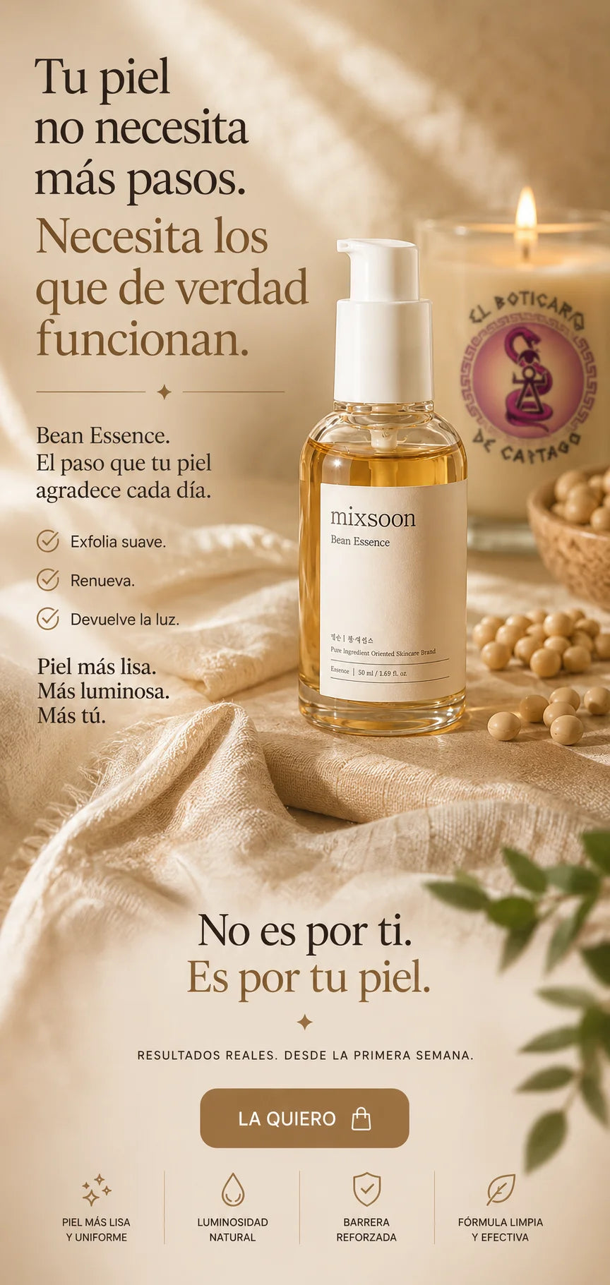 Mixsoon Bean Essence – exfolia suave, renueva y devuelve la luz. Piel más lisa, luminosa y uniforme desde la primera semana