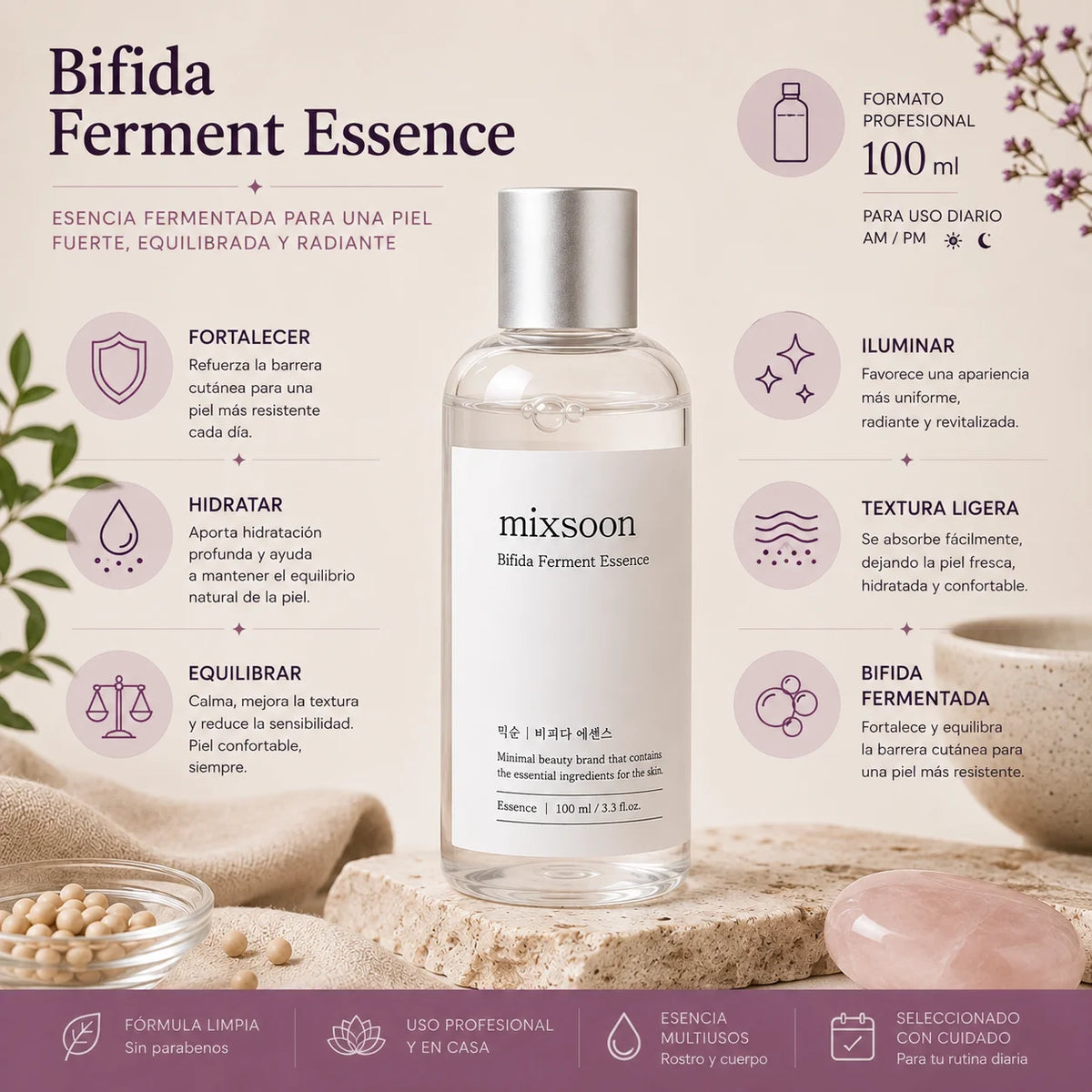 Mixsoon Bifida Essence 100 ml, esencia facial de textura ligera para el cuidado diario