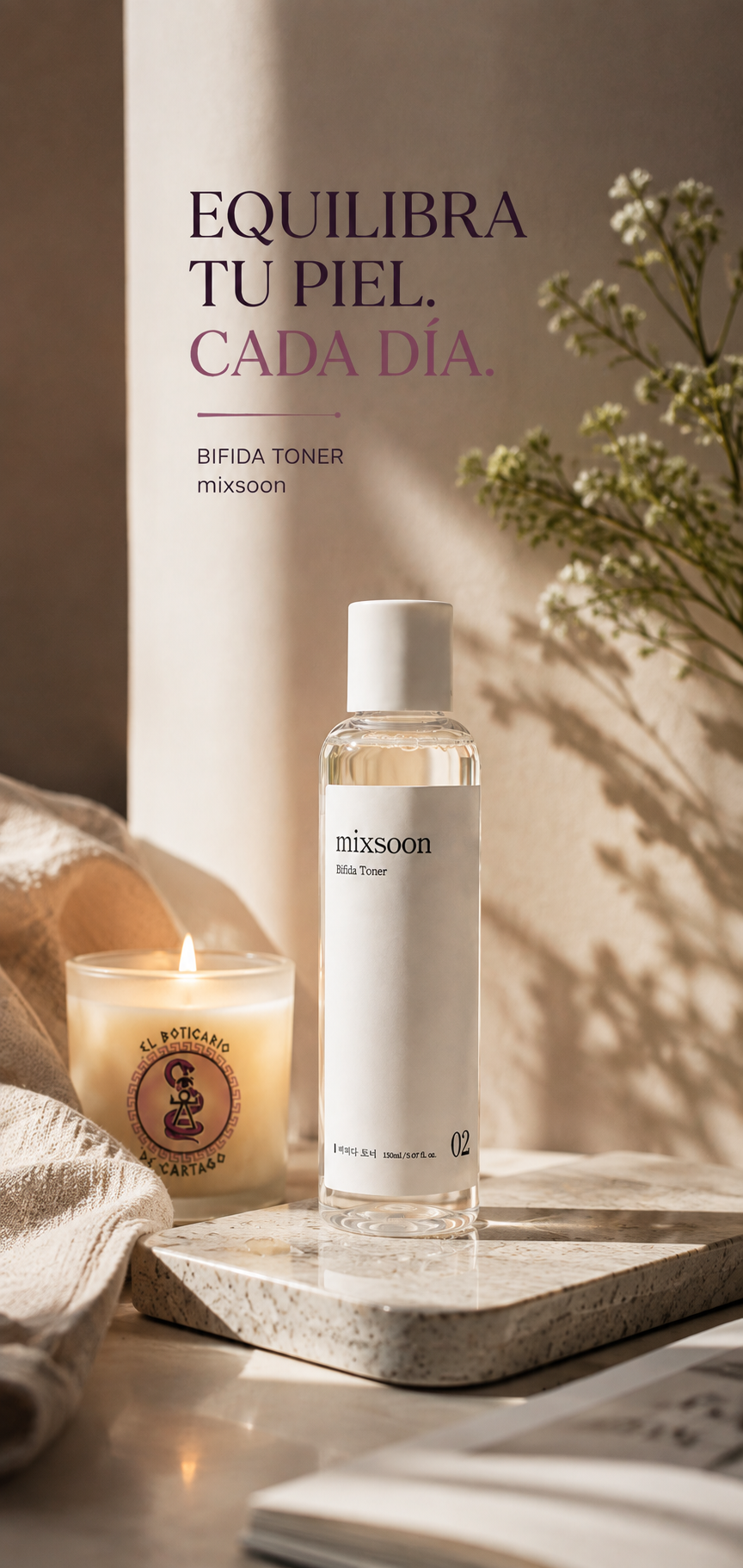 Mixsoon Bifida Toner 150ml sobre bandeja de mármol con vela El Boticario de Cartago y flores secas, banner con texto Equilibra tu piel cada día