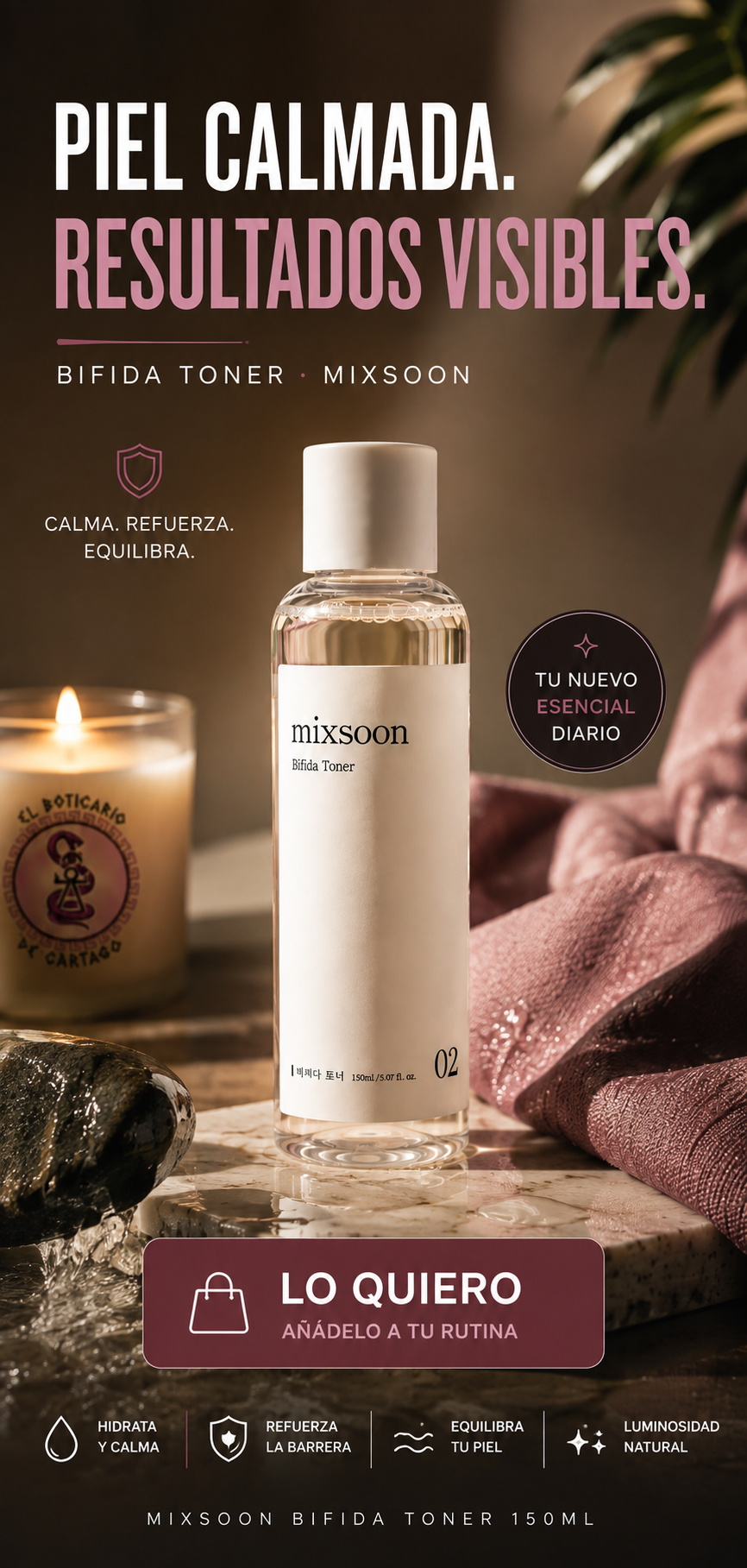 Mixsoon Bifida Toner 150ml sobre mármol con vela El Boticario de Cartago, banner con beneficios: hidrata, refuerza la barrera, equilibra y aporta luminosidad natural