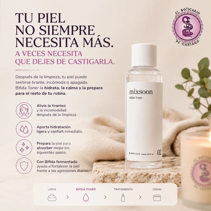 Infografía del Mixsoon Bifida Toner: hidrata, calma y prepara la piel sensible tras la limpieza, con Bifida fermentada