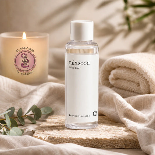 Mixsoon Bifida Toner 150ml sobre piedra natural con vela aromática El Boticario de Cartago, toalla y ramas de eucalipto