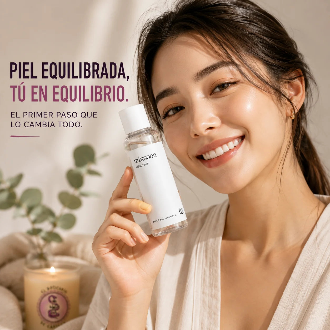 Mujer sonriente con piel luminosa sosteniendo el Mixsoon Bifida Toner 150ml, tónico coreano para piel equilibrada y calmada