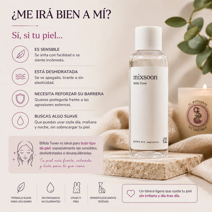 Infografía Mixsoon Bifida Toner: ideal para piel sensible, deshidratada o que necesita reforzar su barrera, sin fragancia, cruelty free y dermatológicamente testado