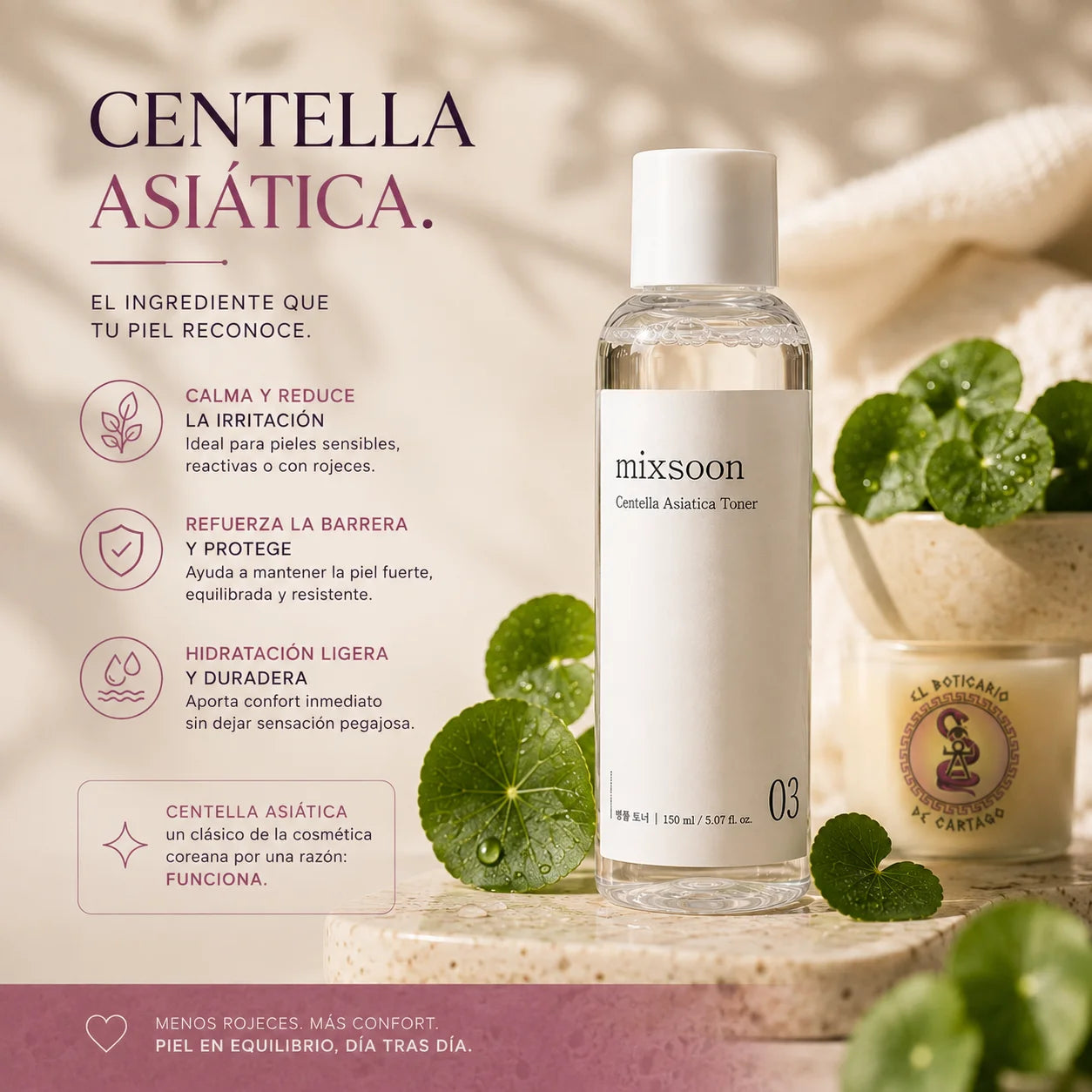 Infografía sobre la Centella Asiática del Mixsoon Toner 03: calma la irritación, refuerza la barrera y aporta hidratación ligera y duradera sin sensación pegajosa