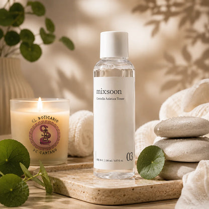 Mixsoon Centella Asiatica Toner 150ml sobre bandeja de piedra natural con vela El Boticario de Cartago, hojas de centella y piedras zen