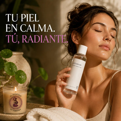 Mujer con piel luminosa y calmada sosteniendo el Mixsoon Centella Asiatica Toner 150ml junto a vela El Boticario de Cartago y planta de centella asiática