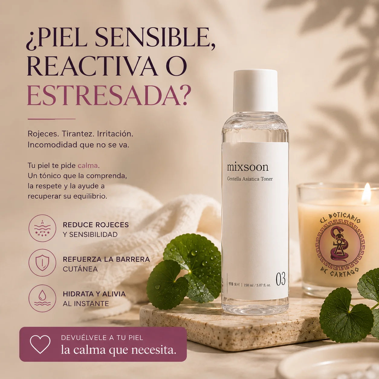 Infografía Mixsoon Centella Asiatica Toner: reduce rojeces, refuerza la barrera cutánea e hidrata al instante, ideal para piel sensible, reactiva o estresada