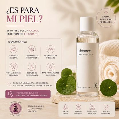 Infografía Mixsoon Centella Asiatica Toner: ideal para piel sensible, reactiva, con rojeces, deshidratada o barrera debilitada, fórmula sin alcohol apta para uso diario