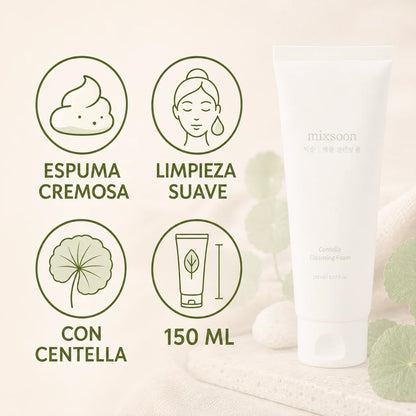 Infografía Mixsoon Centella Cleansing Foam 150ml: espuma cremosa, limpieza suave y con centella asiática