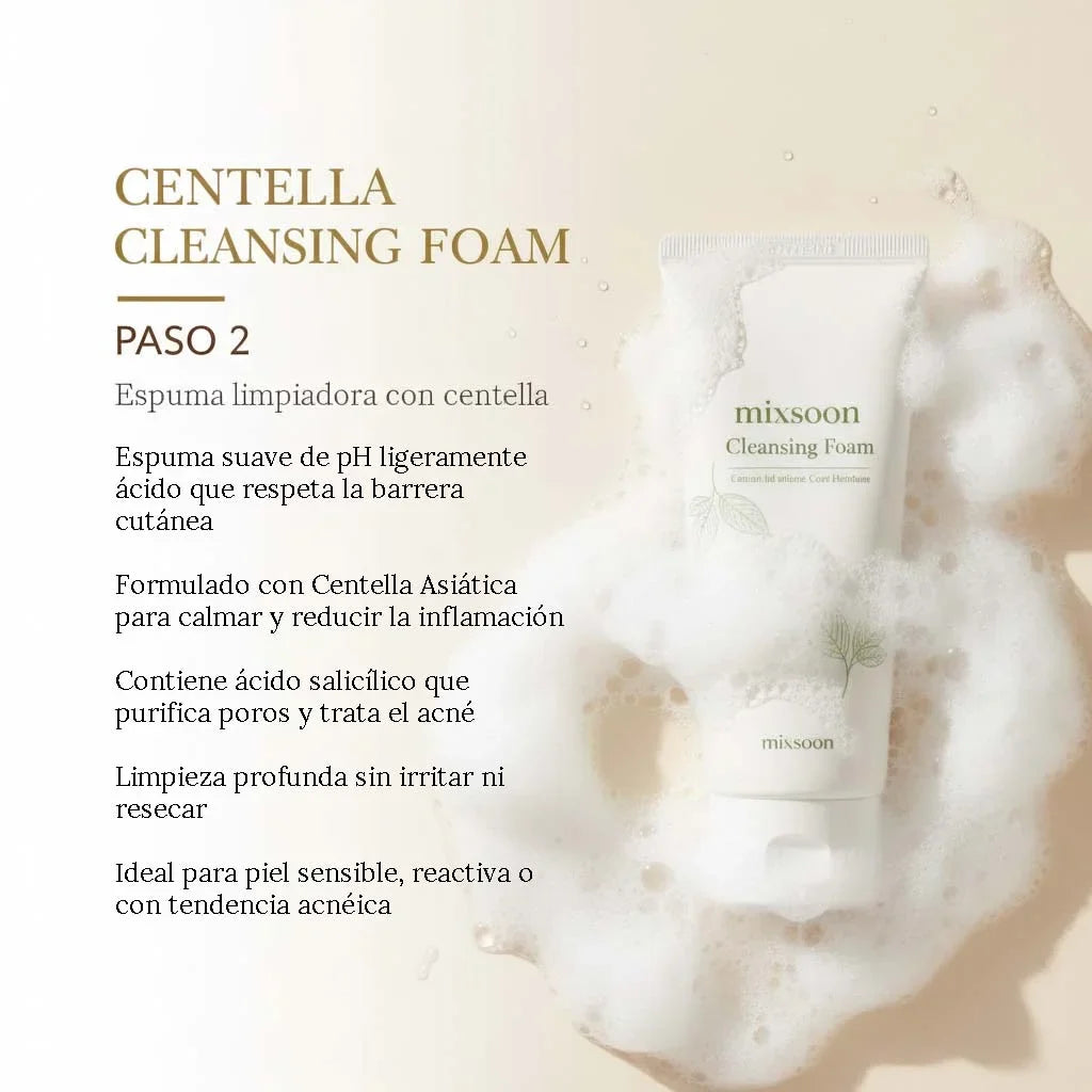 Paso 2 de la rutina Mixsoon: Centella Cleansing Foam, espuma limpiadora con centella asiática