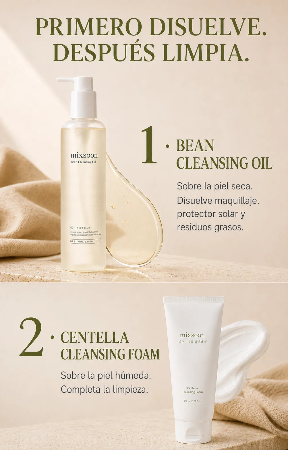 Doble limpieza coreana Mixsoon: paso 1 Bean Cleansing Oil sobre piel seca disuelve maquillaje y solar, paso 2 Centella Cleansing Foam sobre piel húmeda completa la limpieza