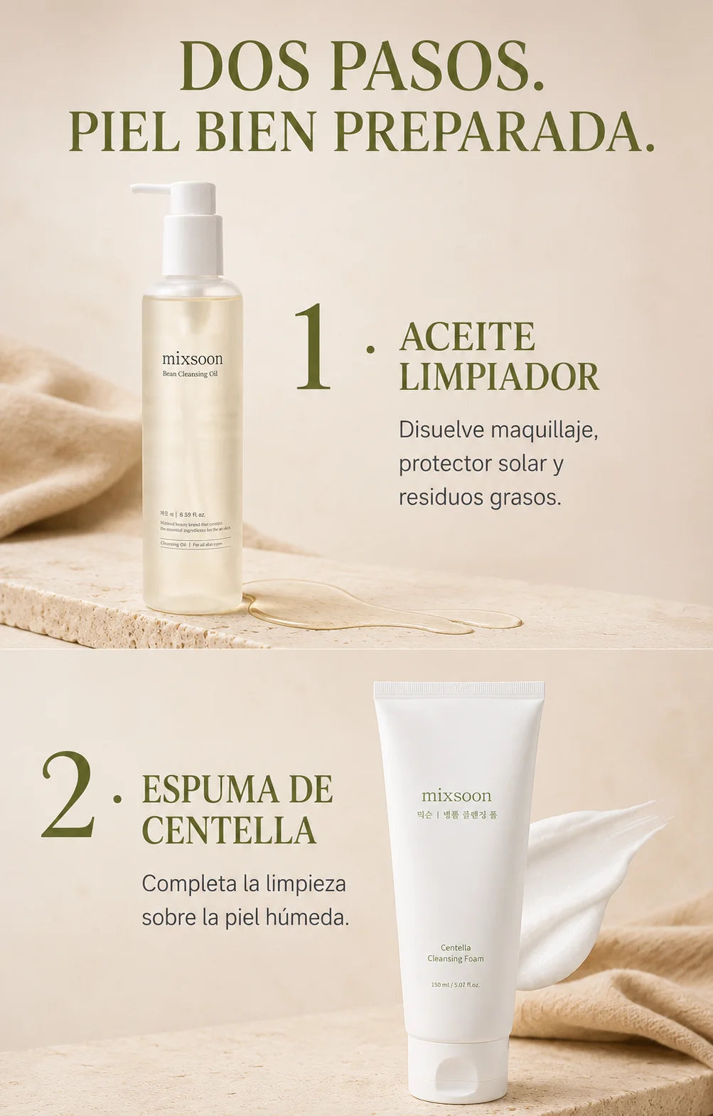 Rutina de doble limpieza coreana Mixsoon: paso 1 Bean Cleansing Oil disuelve maquillaje y solar, paso 2 Centella Cleansing Foam completa la limpieza