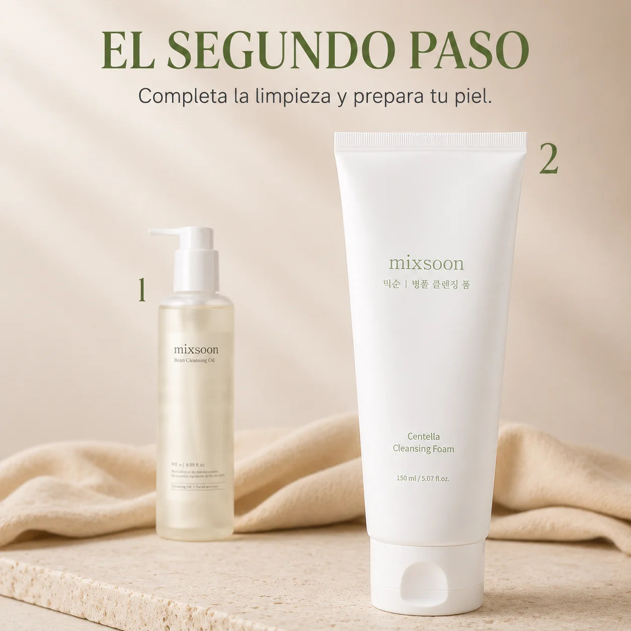 Rutina de doble limpieza coreana: paso 1 Bean Cleansing Oil y paso 2 Centella Cleansing Foam de Mixsoon
