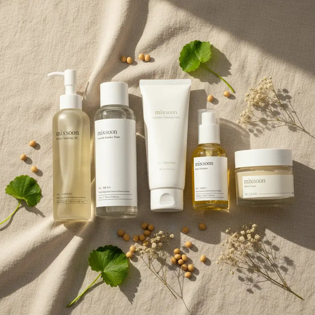 Rutina completa Glass Skin de mixsoon con 5 productos sobre lino natural - aceite limpiador, tónico centella, espuma limpiadora, esencia y crema de soja