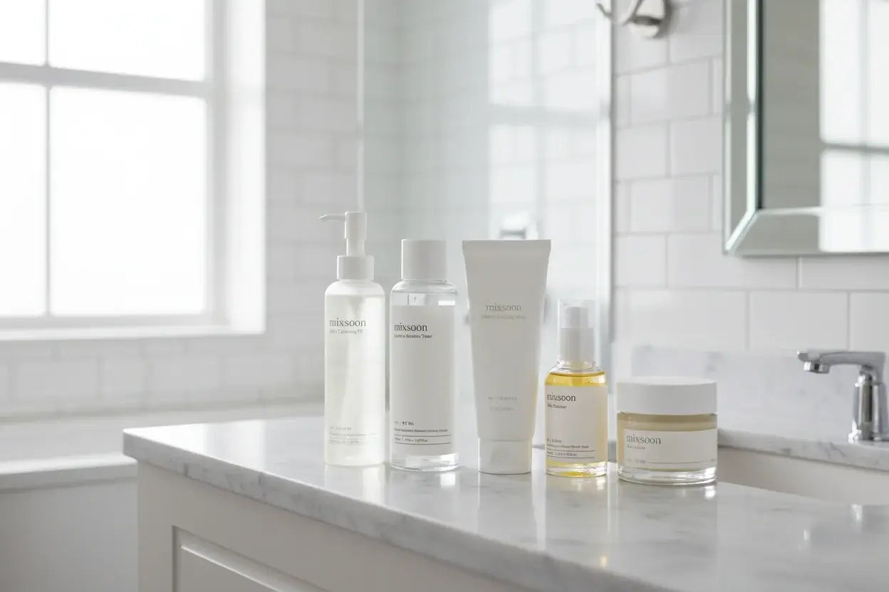 Rutina completa mixsoon Glass Skin en baño de lujo - 5 pasos para piel de cristal coreana