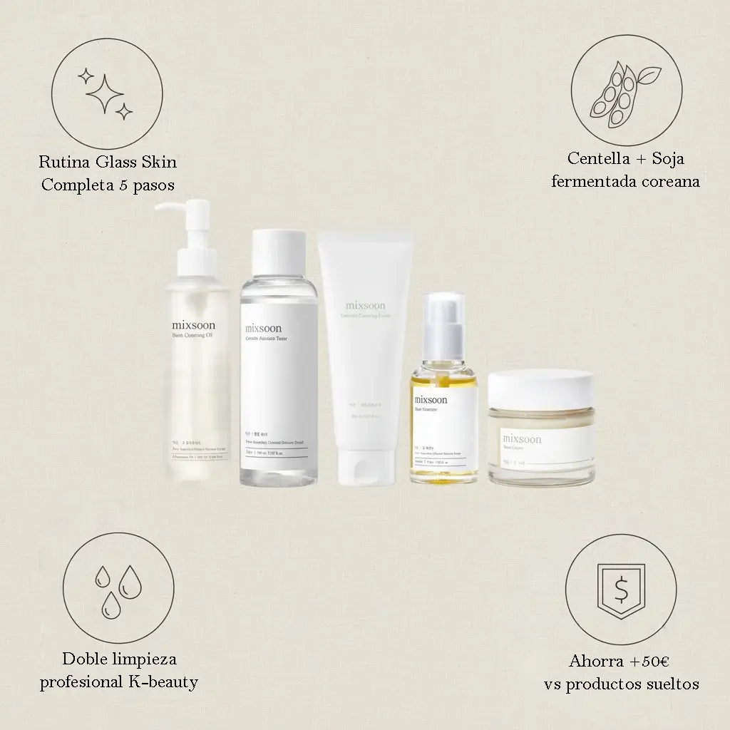 rutina completa 5 pasos, centella y soja fermentada, doble limpieza K-beauty