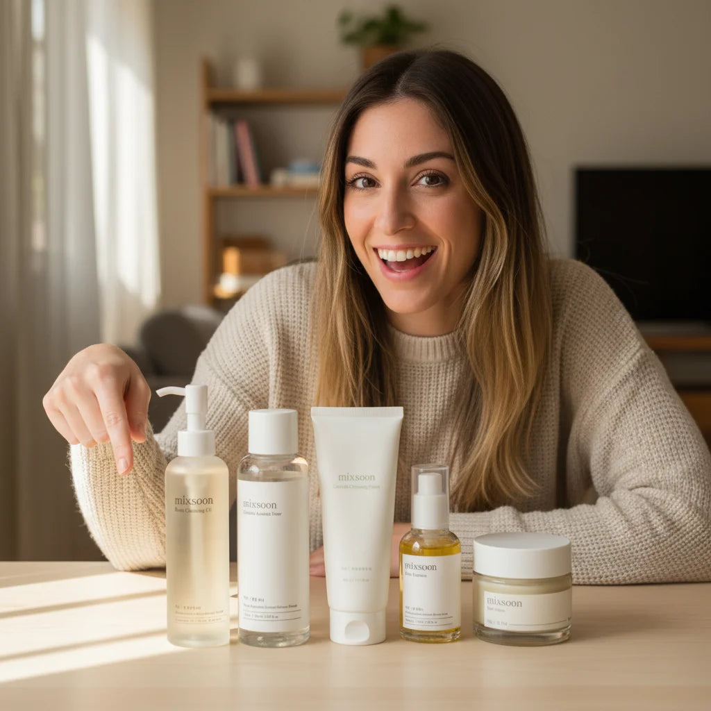 Cliente feliz mostrando su set completo mixsoon Glass Skin - Testimonio real de compra