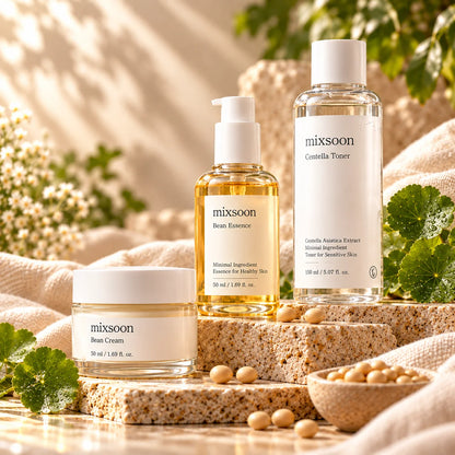 Bean Cream, Bean Essence y Centella Toner de Mixsoon sobre bases de piedra, junto a hojas verdes, semillas y una tela beige.⠋
