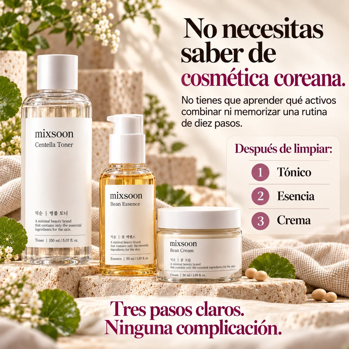 Rutina facial coreana Mixsoon en tres pasos después de limpiar el rostro: Centella Toner, Bean Essence y Bean Cream, en ese orden.