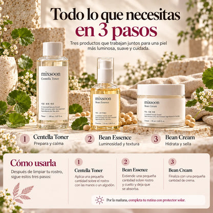 Rutina Mixsoon con Centella Toner, Bean Essence y Bean Cream e instrucciones de aplicación: tónico, esencia y crema tras la limpieza.